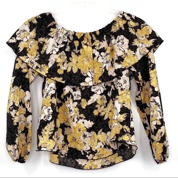 Aritzia Wilfred Yellow & Black Floral Ruffle Off Shoulder Blouse Textured Sz XXS - Picture 2 of 9